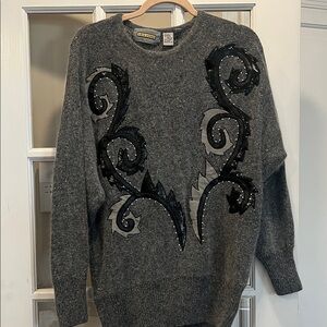 Vintage Silk & Angora Gray Sweater with Black Sequin Swirls Lambswool